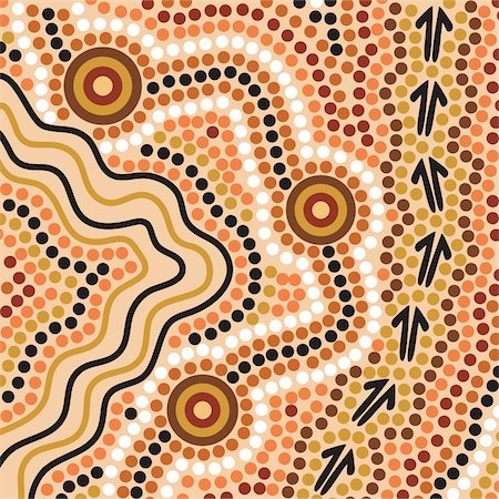 Hand drawn Aboriginal abstract depicting flowing water, kangaroo tracks and waterholes Stock Photo - Budget Royalty-Free & Subscription, Code: 400-03925212
