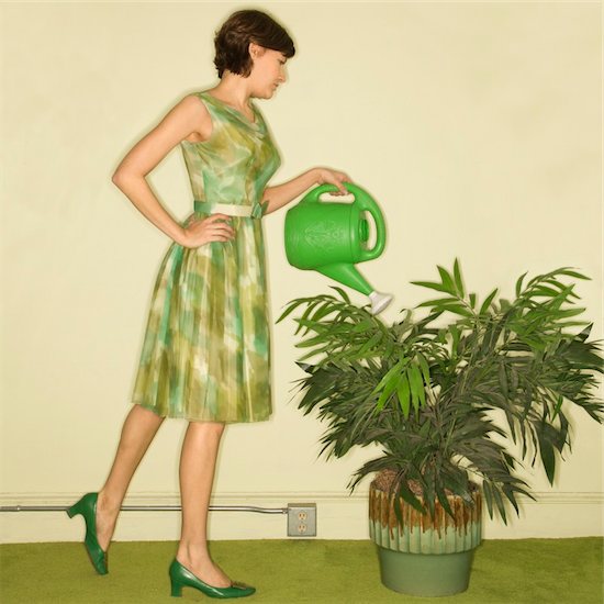 Pretty Caucasian mid-adult woman wearing vintage dress watering houseplant with green watering can. Stock Photo - Royalty-Free, Artist: iofoto, Image code: 400-03925734