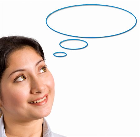 speech bubble with someone thinking - Woman looking up with a thinking bubble Stock Photo - Budget Royalty-Free & Subscription, Code: 400-03927307