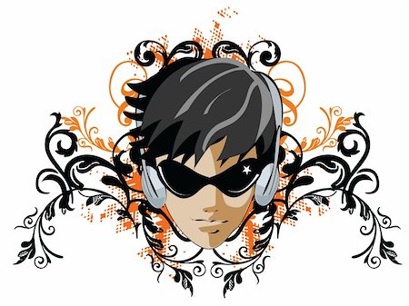 simsearch:400-03913273,k - Girl with headphones on grunge floral banner Foto de stock - Super Valor sin royalties y Suscripción, Código: 400-03928050