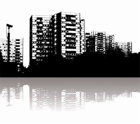 simsearch:614-05792302,k - Illustration of a city skyline with reflection in black and white Photographie de stock - Aubaine LD & Abonnement, Code: 400-03929238