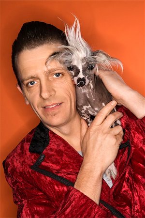 dog man bizarre - Caucasian mid-adult male wearing velvet jacket and holding Chinese Crested dog. Stock Photo - Budget Royalty-Free & Subscription, Code: 400-03921825