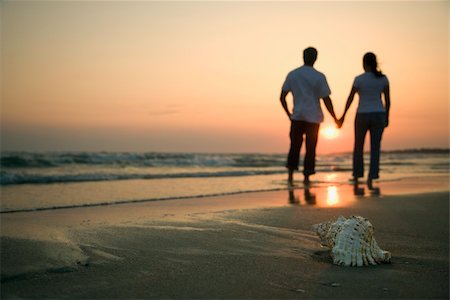 simsearch:400-03923118,k - Back view of mid-adult couple holding hands walking on beach with seashell in foreground. Fotografie stock - Microstock e Abbonamento, Codice: 400-03923525