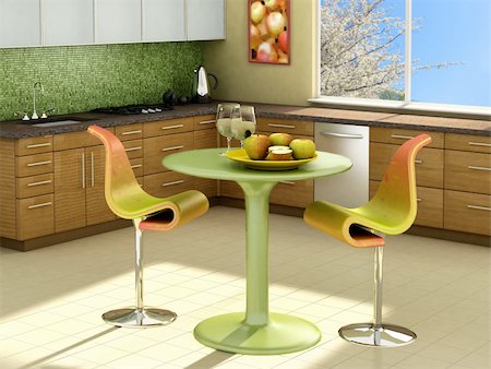 dining room with green chairs - Modern kitchen with apples on the table. The picture on the wall is my own photograph. Stock Photo - Budget Royalty-Free & Subscription, Code: 400-03936353