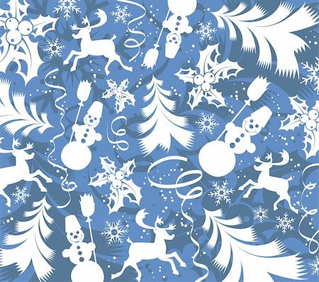 snowflakes and snowman drawings - Abstract christmas background with tree, snowman, mistletoe, deer, element for design, vector illustration Stock Photo - Budget Royalty-Free & Subscription, Code: 400-03936551