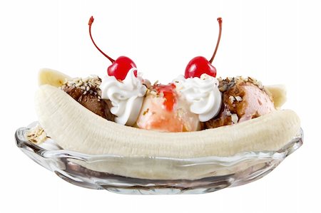 strawberry vanilla chocolate ice cream - Banana split isolated on white Foto de stock - Super Valor sin royalties y Suscripción, Código: 400-03937394