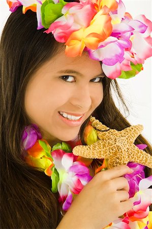 simsearch:400-04741877,k - Young Asian woman posing in a swimsuit with flowers and holding a starfish Photographie de stock - Aubaine LD & Abonnement, Code: 400-03938146