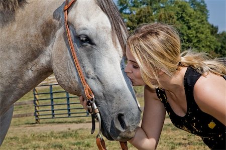 simsearch:400-05748585,k - Blonde woman kissing a horse on the nose the is standing in a pasture Foto de stock - Super Valor sin royalties y Suscripción, Código: 400-03938142