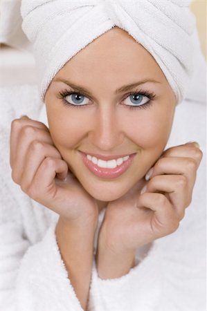 simsearch:400-03920671,k - Close up portrait of a beautiful and happy young woman in a bath robe and towel Stock Photo - Budget Royalty-Free & Subscription, Code: 400-03938276