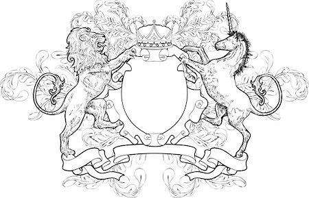 A black and white shield coat of arms element featuring a lion, unicorn and crown Fotografie stock - Microstock e Abbonamento, Codice: 400-03930661