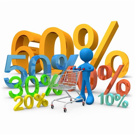 3d person carrying a shopping cart through various 3d percentage signs. Foto de stock - Super Valor sin royalties y Suscripción, Código: 400-03930773