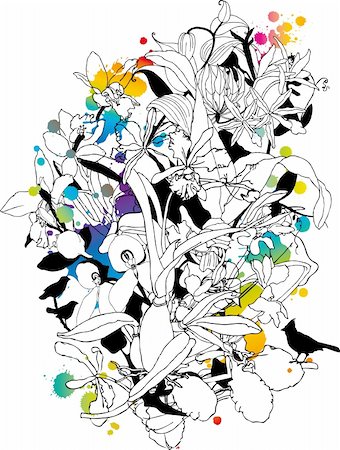 drawings of spring season - abstract floral background with birds Foto de stock - Super Valor sin royalties y Suscripción, Código: 400-03931669