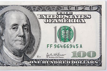 simsearch:695-05776579,k - Half of a One Hundred Dollar Bill Close-up. Foto de stock - Super Valor sin royalties y Suscripción, Código: 400-03932747