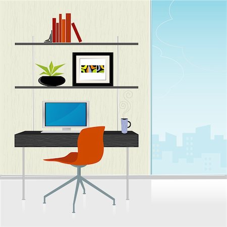 Modern home office—red deskchair with desk and city view; colorful, stylized. Elements grouped so you can use them independently from background. Easy-edit layered file. Stock Photo - Budget Royalty-Free & Subscription, Code: 400-03932914