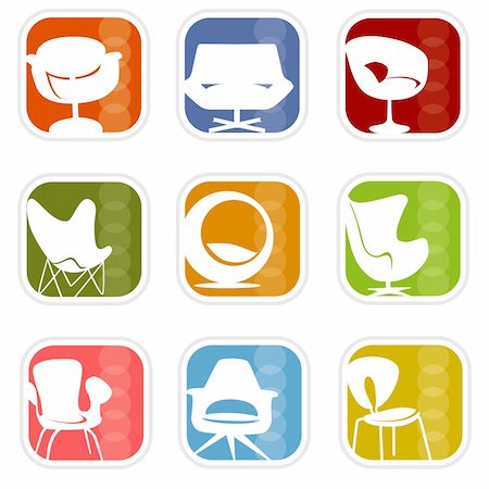 simsearch:400-03932916,k - Stylish chair icons with a retro flavor—very mid-century modern; Easy-edit layered vector art. All elements whole so you can move them around. Foto de stock - Royalty-Free Super Valor e Assinatura, Número: 400-03932918