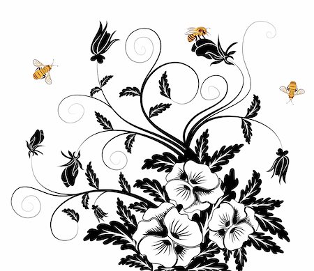 filigree drawings - Bouquet of pansies with bee, element for design, vector illustration Stock Photo - Budget Royalty-Free & Subscription, Code: 400-03933187