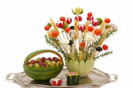 A bouquet of various vegetables in a melon dish and watermelon basket with fruits for a party Stock Photo - Budget Royalty-Free & Subscription, Code: 400-03933858