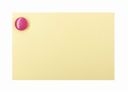 simsearch:640-08089064,k - Purple pushpin holding up a yellow note on a white background Photographie de stock - Aubaine LD & Abonnement, Code: 400-03944371