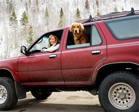 parked snow - Woman and dog in dirt splattered SUV looking out windows in snowy countryside. Stock Photo - Budget Royalty-Free & Subscription, Code: 400-03944667