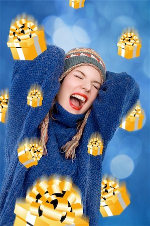 falling with box - a screaming christmas girl surrounded by falling gift boxes Photographie de stock - Aubaine LD & Abonnement, Code: 400-03946080