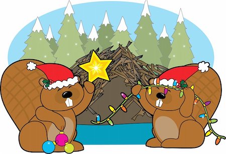 presa de castor - Two beavers decorating their home for Christmas Foto de stock - Super Valor sin royalties y Suscripción, Código: 400-03946949