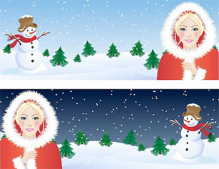 simsearch:400-03947703,k - Vector illustration -  santa girl and snowman Fotografie stock - Microstock e Abbonamento, Codice: 400-03947712