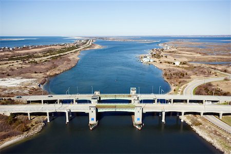 simsearch:400-03948660,k - Aerial view of aerial view of waterway with two bridges on Robert Moses Causeway, New York. Stock Photo - Budget Royalty-Free & Subscription, Code: 400-03948624