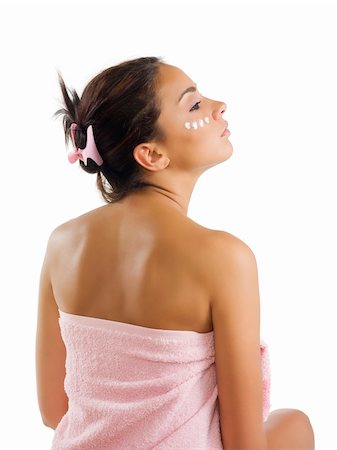 simsearch:689-03131575,k - brunette dressing pink towel and point of cream Foto de stock - Super Valor sin royalties y Suscripción, Código: 400-03948945