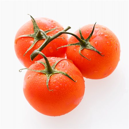 simsearch:400-03944864,k - Three wet red ripe tomatoes on vine against white backgroound. Photographie de stock - Aubaine LD & Abonnement, Code: 400-03949214