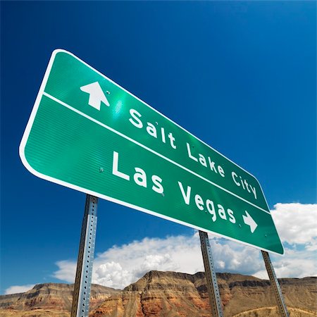 simsearch:841-07541108,k - Road sign in desert pointing towards Salt Lake City and Las Vegas. Stock Photo - Budget Royalty-Free & Subscription, Code: 400-03949237