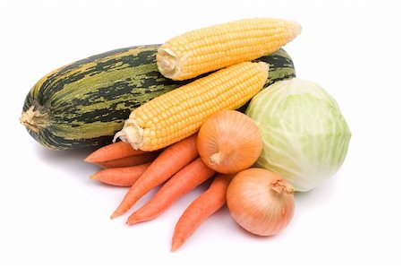 simsearch:400-03939805,k - Vegetables - onion, corn, carrot, cabbage, marrow on white background Foto de stock - Super Valor sin royalties y Suscripción, Código: 400-03949829