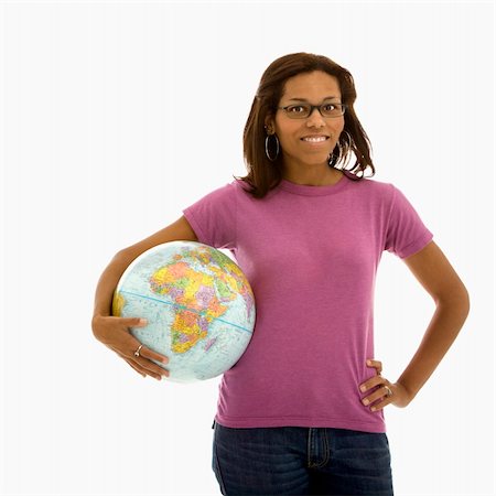 simsearch:400-03926822,k - African American mid adult woman holding globe on hip smiling at viewer. Stock Photo - Budget Royalty-Free & Subscription, Code: 400-03940955