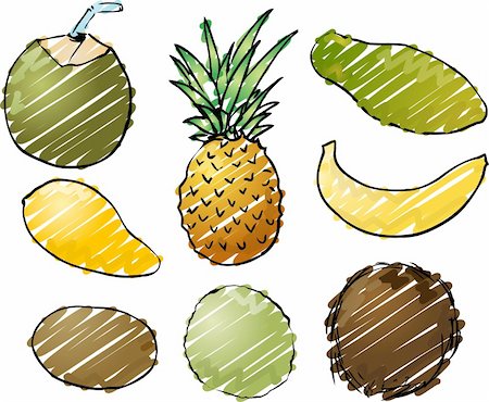 Illustration of tropical fruits, hand-drawn look rough sketchy coloring Stock Photo - Budget Royalty-Free & Subscription, Code: 400-03941103