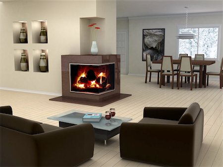 Picture on the wall and book cover are my own images. Modern living room with a fireplace. Foto de stock - Super Valor sin royalties y Suscripción, Código: 400-03941131