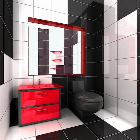 3D rendering of a modern bathroom in black, white and red Foto de stock - Super Valor sin royalties y Suscripción, Código: 400-03941168