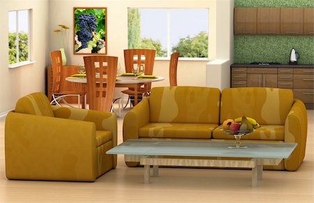 The picture on the wall is my own image.    Modern living room with a kitchen and dining room on background This is 3d rendering, so if you want some modifications to the scene, change color scheme or have lave large file, just ask. Foto de stock - Super Valor sin royalties y Suscripción, Código: 400-03941169