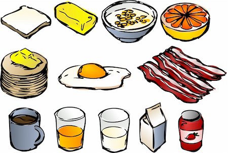 Breakfast clipart illustrations, vector, 3d isometric style: bread, butter, cereal, grapefruit, pancakes, fried egg, bacon, coffee, orange juice, milk, jam Photographie de stock - Aubaine LD & Abonnement, Code: 400-03942142