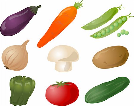 food drawings - Illustration of vegetables, hand-drawn look: eggplant, carrot, peas, onion, mushroom, potato, pepper, tomato, cucumber Stock Photo - Budget Royalty-Free & Subscription, Code: 400-03942182