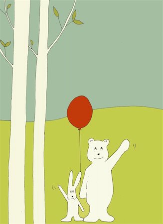 A big bear and a little bunny are waving to the camera while the bear is holding a red balloon and they are both standing in a forest outside Stock Photo - Budget Royalty-Free & Subscription, Code: 400-03942300