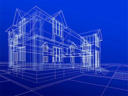 simsearch:700-06841593,k - 3D rendering wire-frame of house. Blue background. Photographie de stock - Aubaine LD & Abonnement, Code: 400-03942324