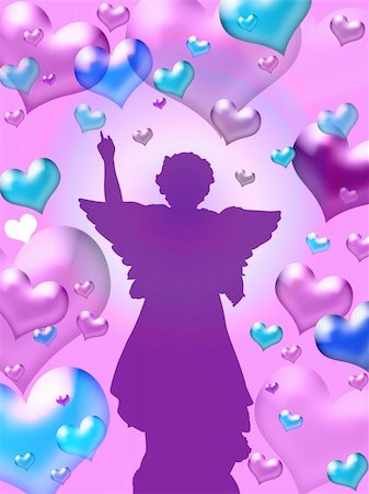 simsearch:400-04736001,k - Illustration of purple hearts background with winged angel silhouette - valentine card Foto de stock - Super Valor sin royalties y Suscripción, Código: 400-03942712