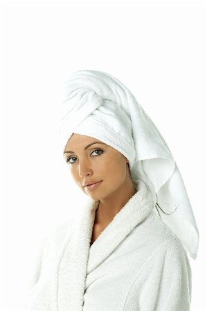 simsearch:614-06442320,k - Portrait of Fresh and Beautiful brunette woman wearing white towel on her head Stock Photo - Budget Royalty-Free & Subscription, Code: 400-03954002