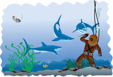 dogfish - Illustration of a diver with sharks Stock Photo - Budget Royalty-Free & Subscription, Code: 400-03955729