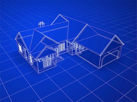 Blueprint style 3D rendered house. White lines on blue background. Stock Photo - Budget Royalty-Free & Subscription, Code: 400-03950146