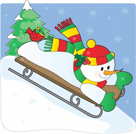 simsearch:600-01695417,k - A snowman sledding down a hill with a cardinal on his foot Foto de stock - Super Valor sin royalties y Suscripción, Código: 400-03950229