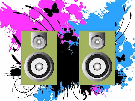 simsearch:6109-08944503,k - Vector - 3D music speakers against a grunge ink splat background with vines and florals. Foto de stock - Super Valor sin royalties y Suscripción, Código: 400-03953169