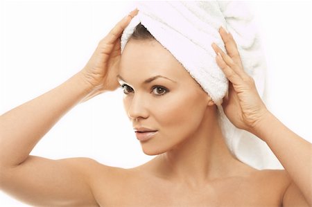 Portrait of Fresh and Beautiful brunette woman wearing white towel on her head Stock Photo - Budget Royalty-Free & Subscription, Code: 400-03953545