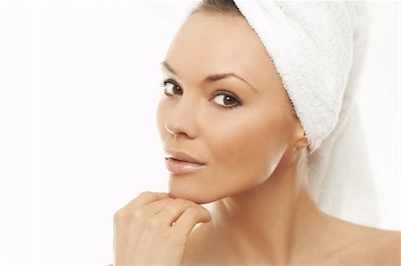Portrait of Fresh and Beautiful brunette woman wearing white towel on her head Stock Photo - Budget Royalty-Free & Subscription, Code: 400-03953559