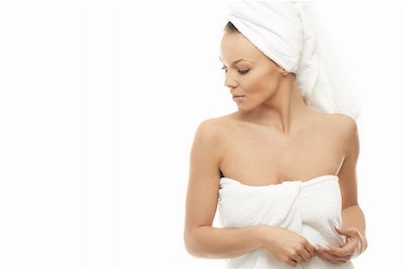 Portrait of Fresh and Beautiful brunette woman wearing white towel on her head Stock Photo - Budget Royalty-Free & Subscription, Code: 400-03953565