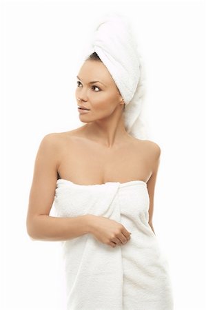 Portrait of Fresh and Beautiful brunette woman wearing white towel on her head Foto de stock - Super Valor sin royalties y Suscripción, Código: 400-03953566